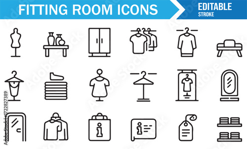 Classic fitting room icon collection with mirrors, hangers, and furniture