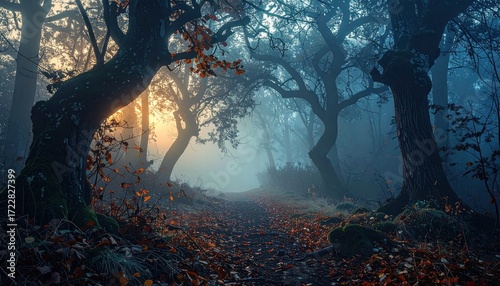 Misty forest path lined with trees in the glow of dawn. Leaves and a serene foggy atmosphere create an enchanting autumn woodland scene