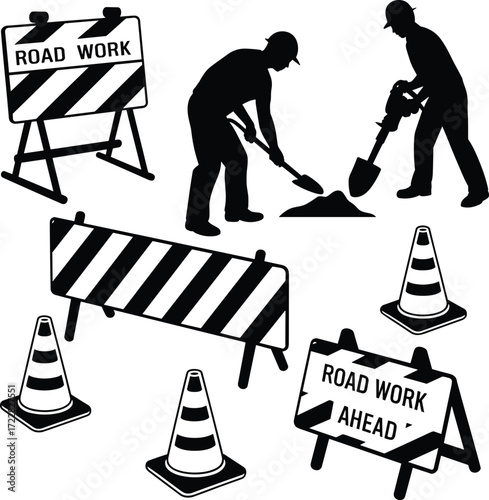 Silhouette vector illustration of road construction workers with shovels, traffic cones, barriers, and warning signs representing road work and safety
