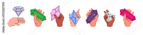 Set of hands holding crystals. Spirituality crystals. Gemstone, amethyst, ruby, sapphire, emerald, topaz and quartz. Vector illustration.