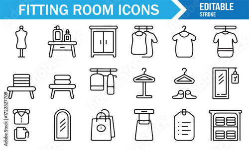 Outline style fitting room icon pack for wardrobe, bags, and clothing store