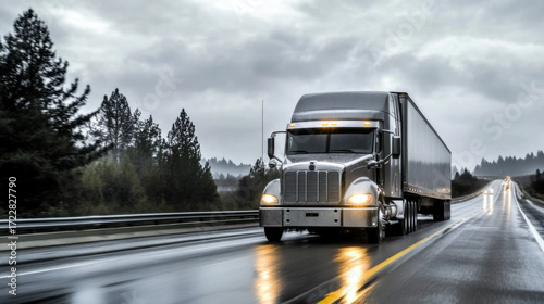 Wallpaper Mural gray semi truck with turned on headlights transporting cargo Torontodigital.ca