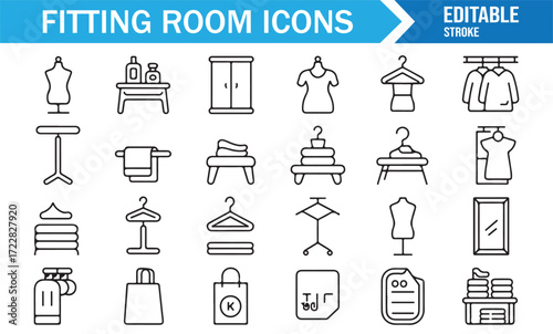 Fitting room hanger, bench, and mirror symbols collection minimal vector
