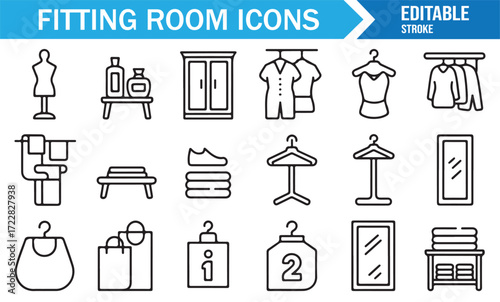 Dressing area fitting room furniture icons editable stroke vector set