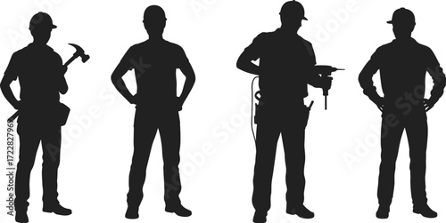 Silhouette illustration of construction workers wearing helmets holding hammer, drill, and tools representing building, engineering, repair, maintenance, and construction industry.