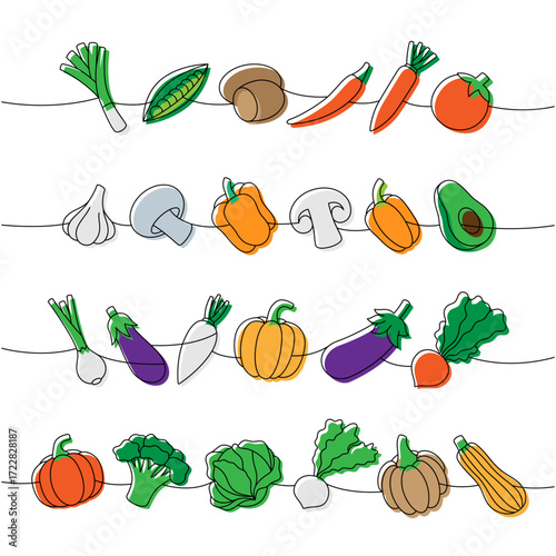 Vegetables one line colored continuous drawing. Carrot, tomato, garlic bulb, mushroom, bell pepper, avocado, pumpkin, broccoli, cabbage, turnip