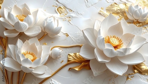 White lotus flowers with golden accents, 3D embossed floral art, luxury decorative background.