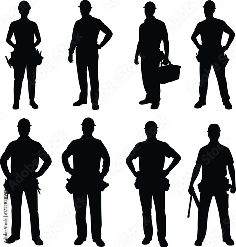 Silhouette illustration of construction workers wearing helmets holding tools, toolbox, and equipment representing repair, engineering, building, maintenance, and construction industry.