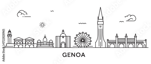 Genoa Line Art skyline banner. Genoa, Italy. with white background