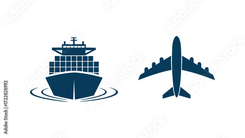 Global shipping and logistics icons cargo ship and airplane for transportation and delivery services