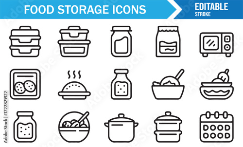 Pantry storage icons set vector outline collection for kitchen organization