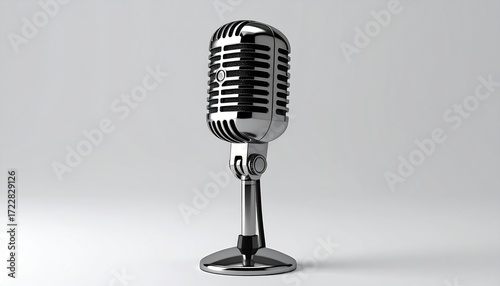 Silver retro microphone stands centered against a light gray background, casting soft shadows in a softly lit, minimalist studio shot