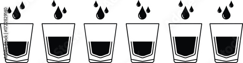 Minimalist black and white illustration of water drop filling glass concept, hydration drink level, liquid volume measure icon set, clean flat vector style