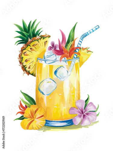 Watercolor tropical cocktail illustration with pineapple slice ice cubes straw exotic flowers summer drink transparent background