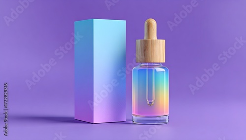 Glass dropper bottle with gradient packaging on purple background