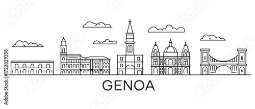 Genoa Line Art skyline banner. Genoa, Italy. with white background