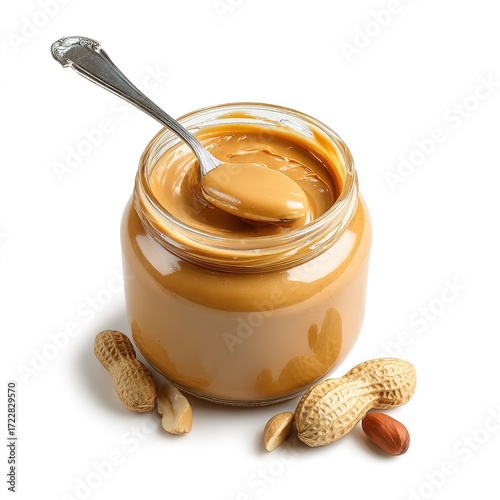 Glass jar of peanut butter with spoon and peanuts isolated