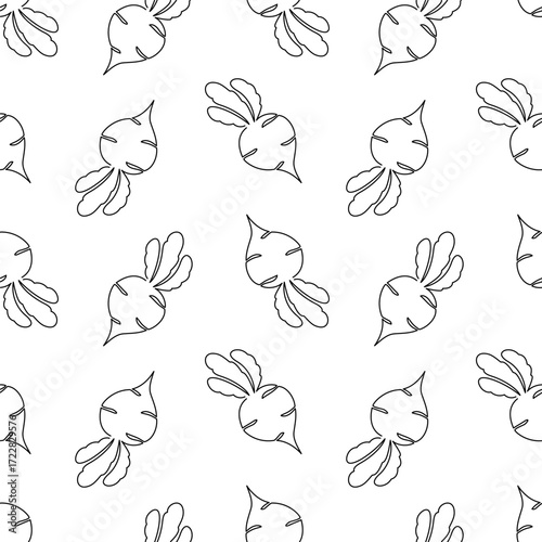 Single line cartoon beet seamless pattern. Food vegetable flat texture. Beetroot in Doodle style. Vector Food Illustration. Hand drawn doodle line art