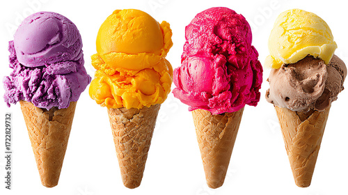 A vibrant assortment of ice cream cones featuring four delightful flavors: purple, yellow, pink, and brown. Perfect for summer treats and dessert cravings.