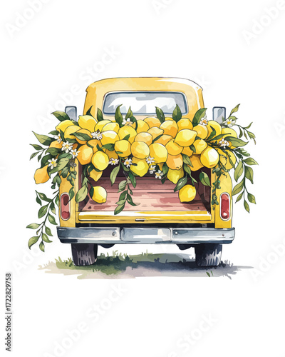 Rear view vintage yellow pickup truck full fresh lemons green foliage harvest season produce vector