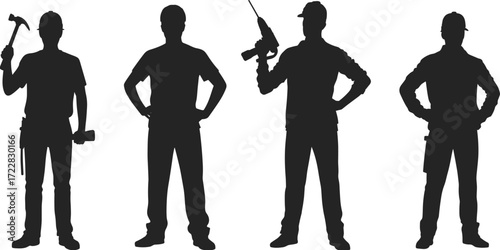 Silhouette illustration of construction workers wearing safety helmets holding hammer, drill, and tools representing repair, engineering, building, maintenance, and construction industry.