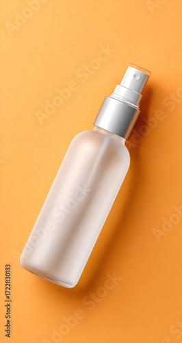 Frosted glass spray bottle for cosmetics on orange background