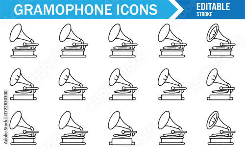 Vintage sound machine gramophone symbols icon collection line art style