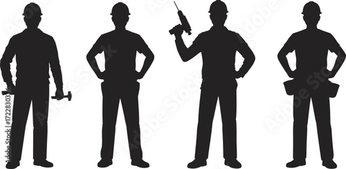 Silhouette illustration of construction workers wearing safety helmets holding tools and equipment representing engineering, repair, building, maintenance, and construction industry.