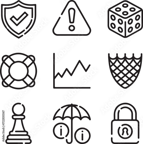 Set of 9 black and white line art icons for security risk and strategy shield check mark warning sign