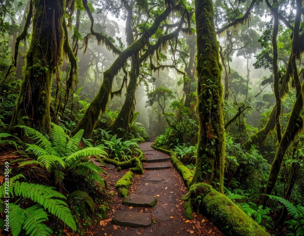 Fototapeta premium Lush green forest path with stone steps, framed by mossy trees, ferns, and a misty atmosphere, creating a tranquil nature scene