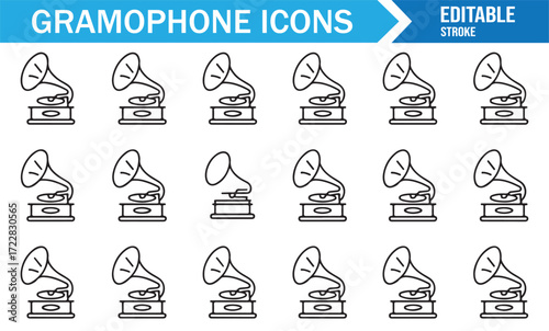 Gramophone outline icons editable stroke vector set for classic music design