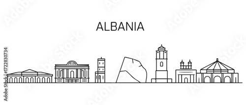 Albania Line Art skyline. Travel Albania famous landmarks. with white background