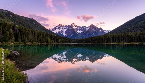 Serene lake reflection mirroring snow-capped mountains and trees under a pastel pink and purple sky at dusk creates a tranquil landscape scene