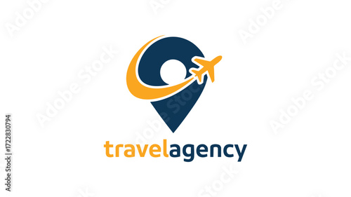 Modern travel agency logo with airplane icon and location pin for global journeys