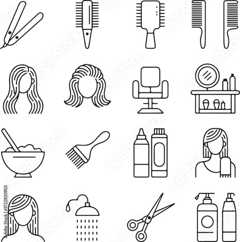 Set of 16 line art icons for hair salon and beauty services vector