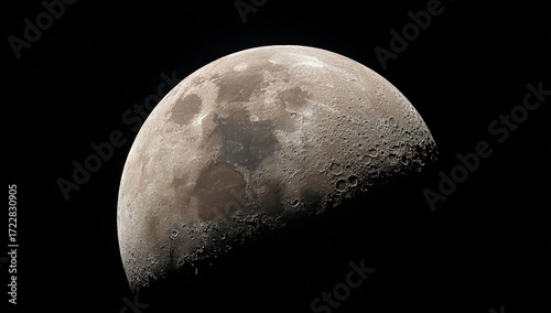 Half moon closeup view of lunar surface details in night sky