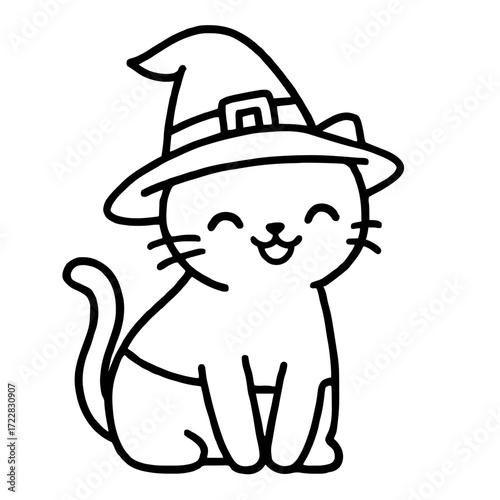 Cute cartoon cat wearing witch hat, sitting with a happy smile. Black and white line art. Perfect for Halloween coloring pages, kids' crafts, and festive designs.