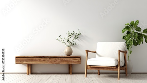 Minimalist living room interior with wooden armchair and green plant
