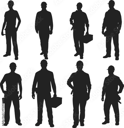 Silhouette illustration of multiple construction workers in various poses holding tools and equipment, representing teamwork, labor, engineering, repair, and industry concepts.