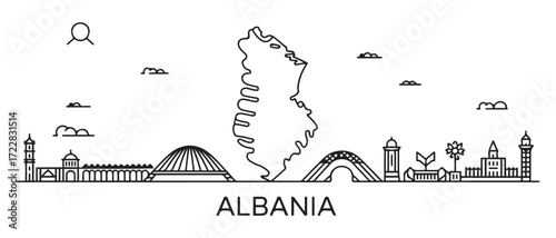 Albania Line Art skyline. Travel Albania famous landmarks. with white background