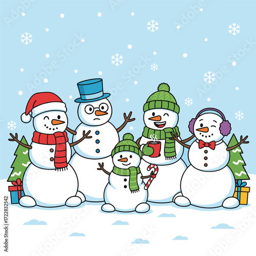 vector illustration of a group of snowmen with different outfits and expressions in a winter scene