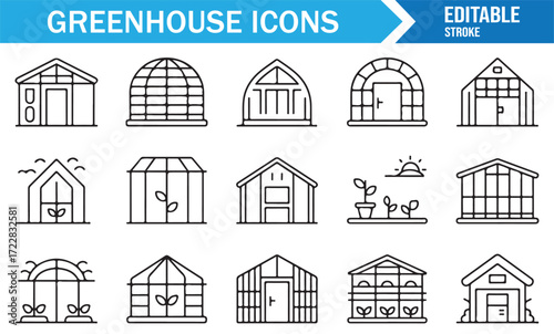Modern greenhouse structure icons set for eco farming and horticulture design