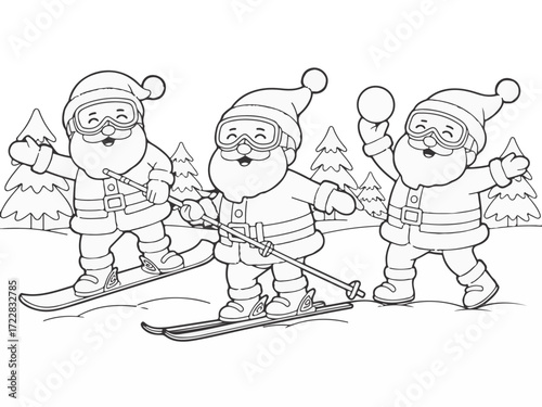 Santa Claus skiing and playing snowballs in a winter forest, perfect for holiday coloring pages and Christmas-themed designs