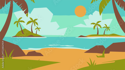 Tropical Paradise Island Getaway, Palm Trees, Sunny Beach, Ocean View, Summer Vacation
