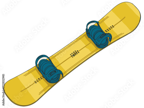 A detailed illustration of a yellow snowboard with blue bindings, ready for winter sports and exciting adventures on the snow-covered slopes