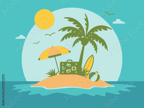 Tropical island getaway with a suitcase, surfboard, beach ball, and umbrella, evoking vacation and travel themes under a bright sun