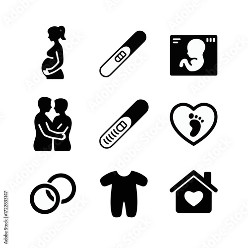 A comprehensive icon collection for pregnancy and family, showing the journey from planning and expecting to welcoming a baby and building a loving home