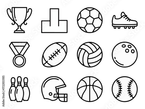 Assorted Sports Equipment and Award Line Icons for Athletics, Games, and Active Lifestyles