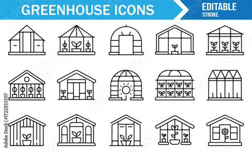 Eco farming greenhouse symbol collection in flat minimal vector design