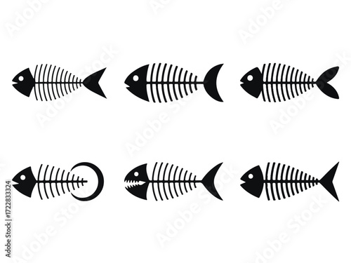 Striking black and white fish skeleton designs, presenting a collection of unique anatomical visuals, perfect for themes of marine biology, aquatic life cycles, and graphic design projects